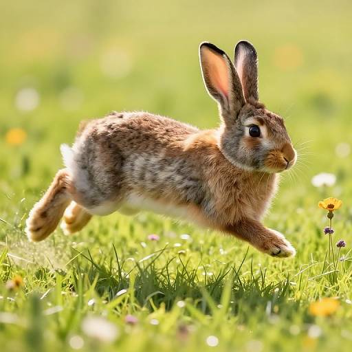 Photograph of a brown and gray rabbit mid-leap in a sunlit, green grassy field with scattered yellow flowers.