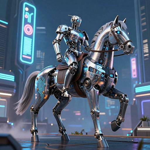 CGI image of a futuristic, metallic, humanoid rider on a shiny, robotic horse, set in a neon-lit cityscape at night.