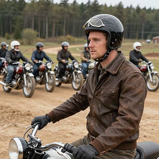 Photograph of a serious-looking man in a brown leather jacket and black helmet leading a group of motorcyclists on a dirt path, with a forest