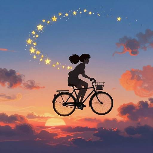 Silhouette of a girl with ponytail riding a bicycle, trailing a starry arc against a vibrant sunset sky with pink, orange, and purple clouds
