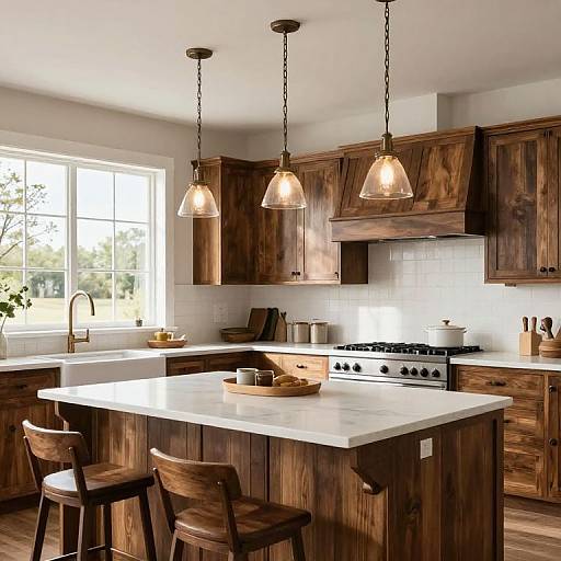 Photograph of a modern kitchen with rustic wooden cabinets, white marble island, three pendant lights, white tile backsplash, and sunlight streaming through a large