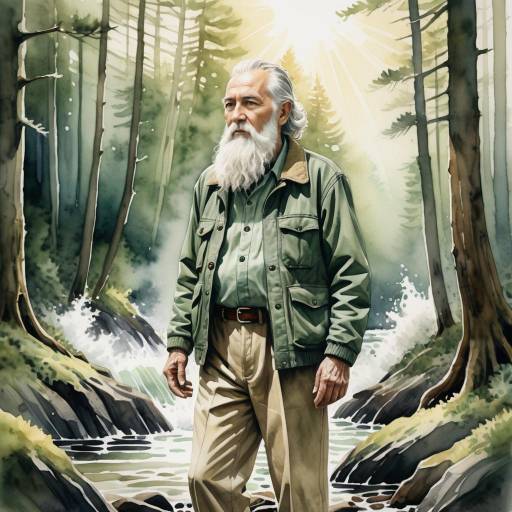 Elderly Man Standing by Forest Stream