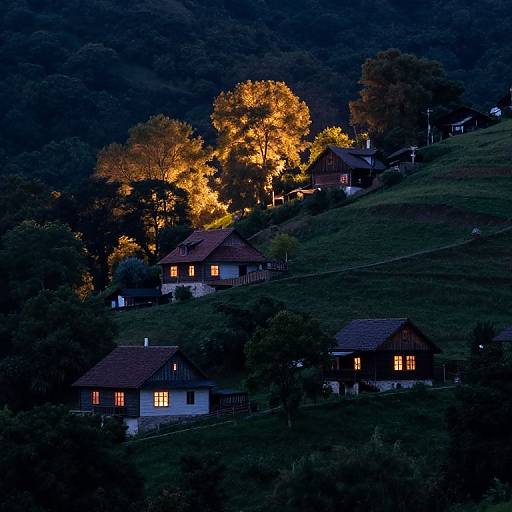 Photograph of a hillside village at night, with warm, golden-lit houses and trees contrasting against a dark, forested background.