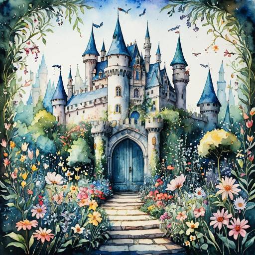 Watercolor Enchanted Castle with Floral Border