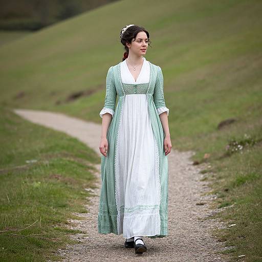 Photograph of a fair-skinned woman with dark hair in a green and white Victorian-style dress, walking on a grassy path.