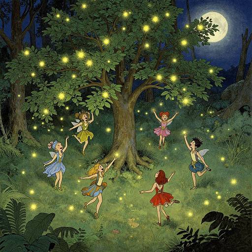 Five fairy girls dancing around a glowing tree under a full moon, surrounded by floating fireflies in a lush, enchanted forest. Digital art.