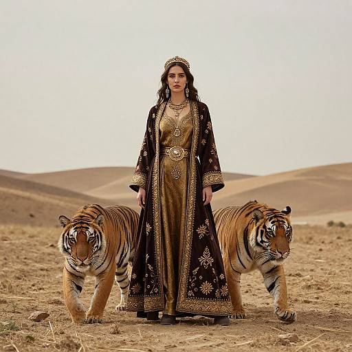 Photograph of a woman in an ornate black and gold traditional dress standing between two tigers in a desert landscape.