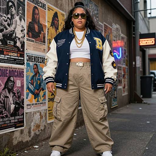Photograph of a plus-sized Black woman with curly hair, wearing a navy and white varsity jacket, white crop top, gold necklace, and beige