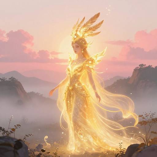 Digital art of a glowing, ethereal woman with fiery feathers, standing in a misty mountain landscape at sunrise. Her golden dress and headdress radi