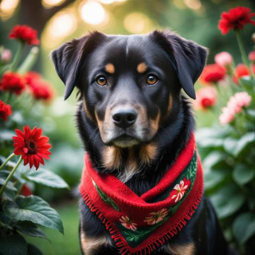 Cozy Black Dog with Red Scarf in Garden