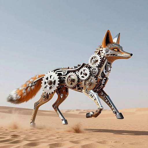 Digital artwork of a robotic fox with black, white, and orange patterns, running in a desert with blue sky background.