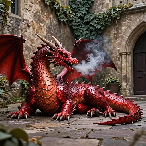 Photorealistic digital art of a red, scaly dragon with wings and horns, exhaling smoke, lying on a stone courtyard in front of a