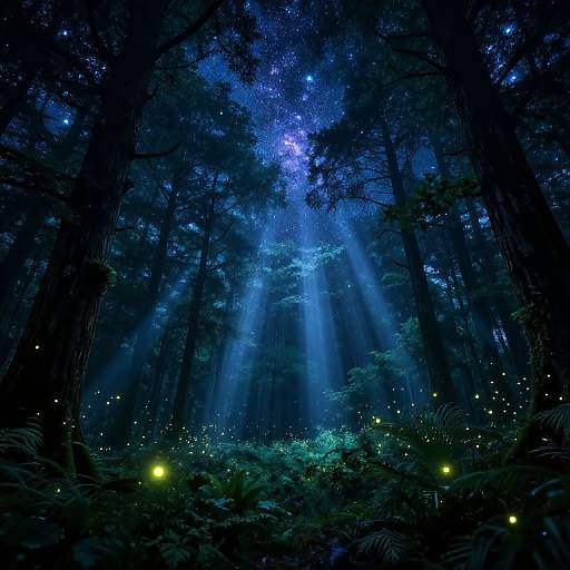 Mysterious nighttime forest scene with ethereal blue light, beams of moonlight filtering through dense trees, and glowing fireflies illuminating lush green undergrowth