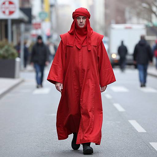 Photograph of a man in a vibrant red, long, hooded cloak and matching headscarf, walking down a city street, with blurred pedestrians