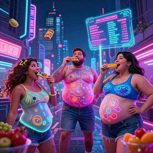 Photorealistic digital art: Pregnant woman and man in neon-lit street, wearing glow-in-the-dark tops, eating hot dogs, neon menu