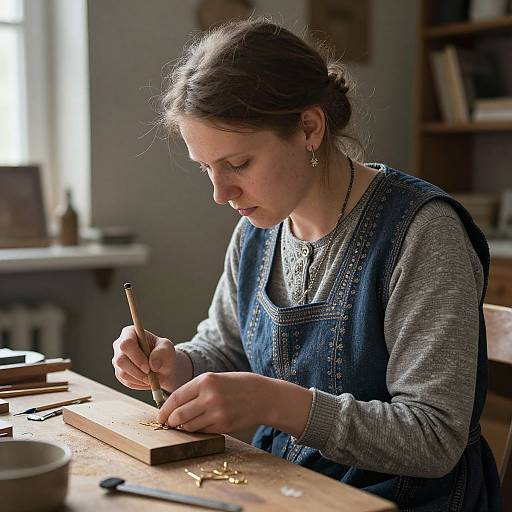 Photograph of a focused young woman with light brown hair in a blue denim apron, carefully carving wood in a sunlit workshop.