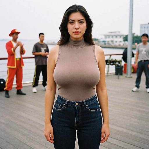 Photograph of a young Latina woman with long black hair, large breasts, wearing a sleeveless taupe top and high-waisted jeans, standing