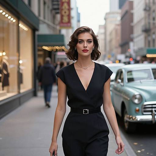 Photograph of a confident, brunette woman in a black, V-neck dress with a belt, walking down a city street at dusk, surrounded by vintage