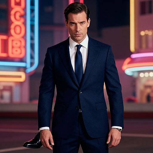 Photograph of a serious, handsome man in a black suit and tie, standing in a neon-lit, nighttime urban street.