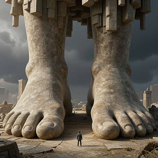 Photorealistic CGI: Giant stone feet with detailed carvings, towering over a tiny figure in a desolate, cloudy cityscape.