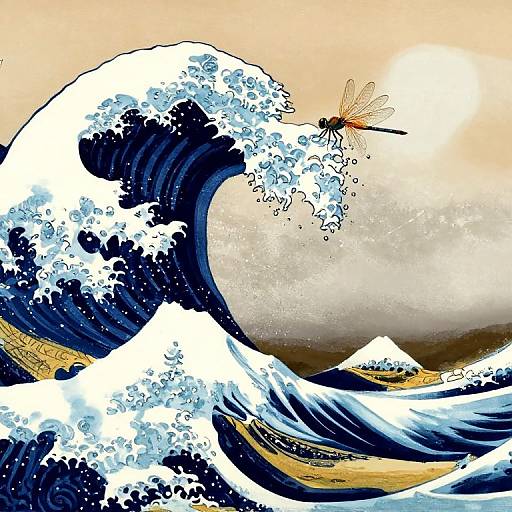 Digital artwork of a vibrant blue wave with white froth, topped by a red dragonfly, set against a sunset sky and mountainous background.