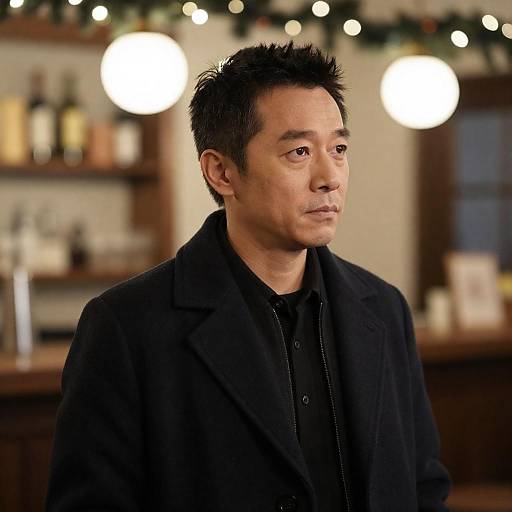 Contemplative Man in Festive Bar