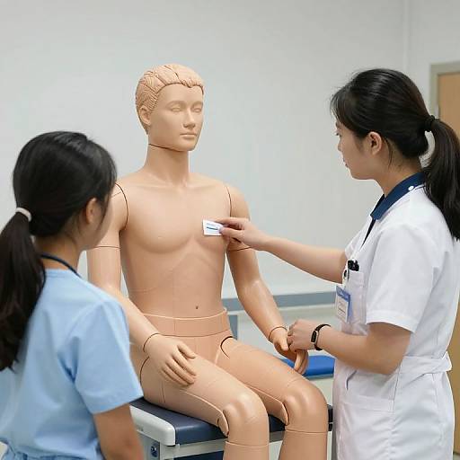 Photograph of two Asian women, one in light blue shirt and one in white, examining a nude, beige male mannequin with a label on
