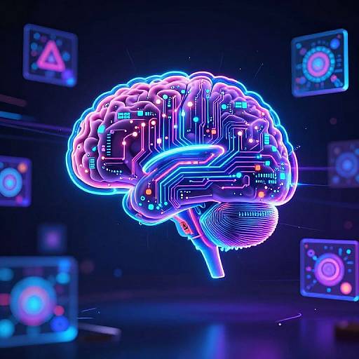 Neon-lit, CGI brain with circuitry patterns floating in a dark, futuristic background surrounded by glowing, digital control panels. Cyberpunk style.