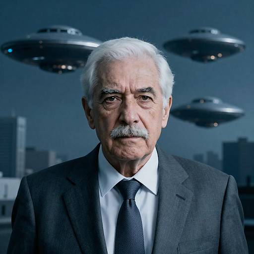 Elderly Man with UFOs in Cityscape