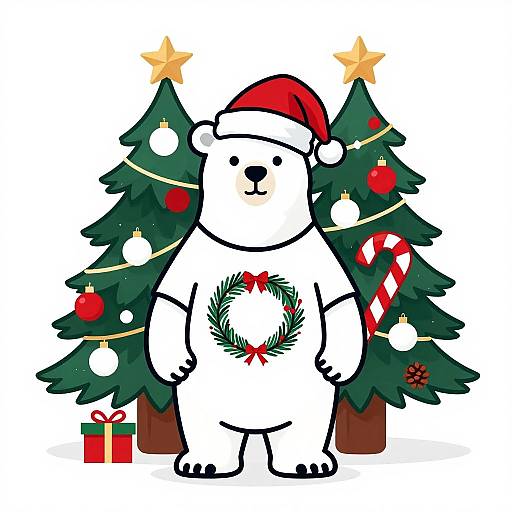 Cartoon white bear wearing red Santa hat and Christmas sweater with pine wreath, standing in front of decorated Christmas trees.