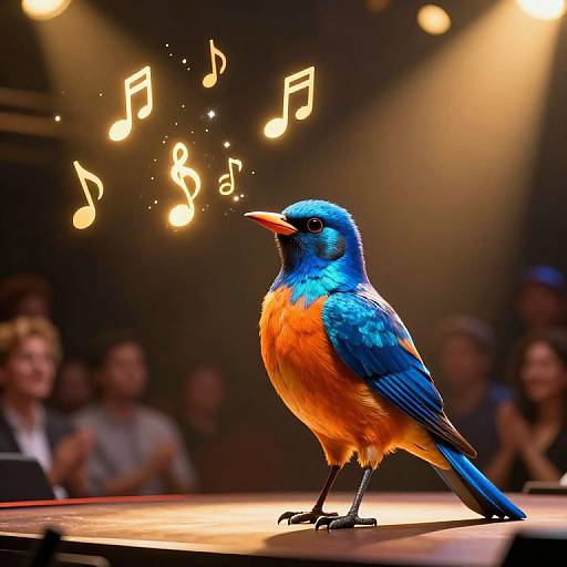 Photograph of a vividly colored blue and orange bird on stage, singing with glowing musical notes above, spotlighted against a blurred audience.