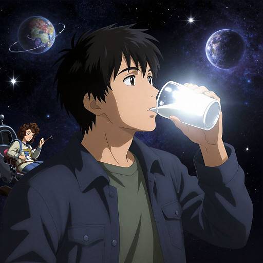 Anime-style digital drawing of a black-haired boy in a blue jacket drinking from a glowing cup, with a girl in space background. Planets and stars