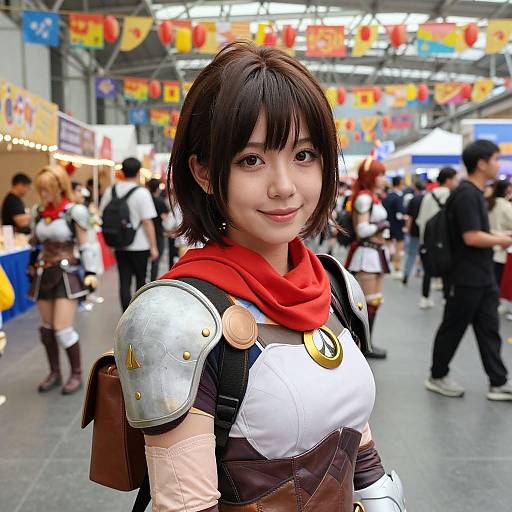 Photograph of an Asian woman in detailed anime cosplay with silver armor, red scarf, and white outfit, smiling in a busy convention hall with colorful banners
