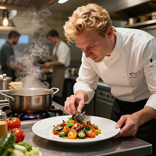 Photograph of a focused, blonde male chef in a white uniform, seasoning colorful roasted vegetables on a plate in a bustling kitchen. Steam rises from a