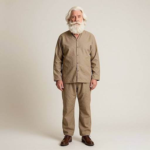 Photograph of an older white man with a long white beard, wearing a beige traditional long-sleeve shirt and pants, standing against a plain white