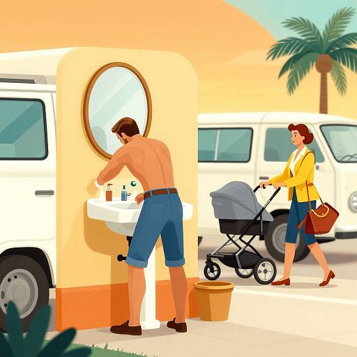 Digital illustration of a shirtless man washing hands at a camper van sink, while a woman with red hair pushes a stroller nearby, surrounded by white