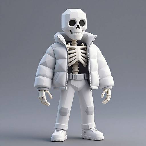 CGI image of a white, skeletal robot with a skull face, wearing a puffy white jacket, white pants, and white sneakers.