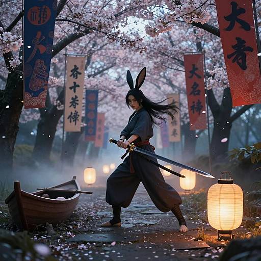 Cyberpunk Ukiyo-e Rabbit Swordswoman