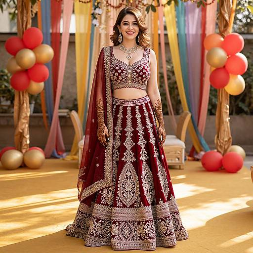 Photograph of a smiling Indian woman in a maroon and gold traditional lehenga choli with intricate embroidery, standing on a yellow stage with colorful dr