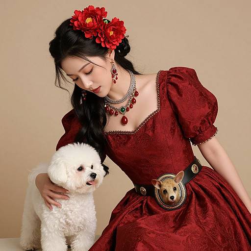 Photograph of an Asian woman with black hair adorned in red flowers and earrings, wearing a red, puffed-sleeve dress with a dog belt