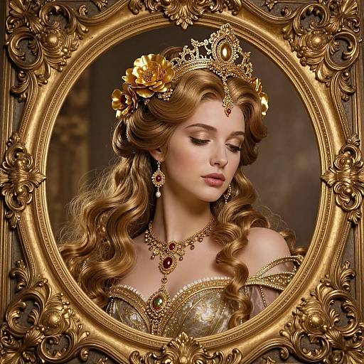 Photorealistic digital portrait of a fair-skinned, wavy-haired queen with gold crown, ornate jewelry, and off-shoulder gown,