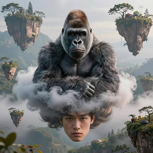 Double Exposure Silverback Gorilla and Human Head