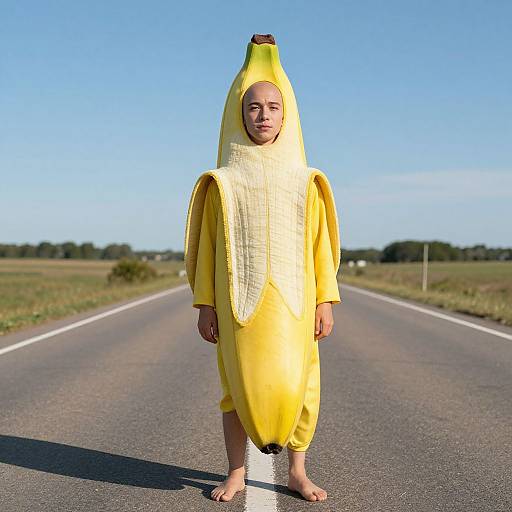 Photograph of a serious young boy standing barefoot on a deserted road, wearing a bright yellow banana costume with a peel hood and stem hat, under