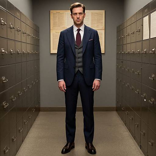 Photograph of a handsome, serious-looking man in a dark blue three-piece suit, white shirt, and maroon tie, standing in a dimly