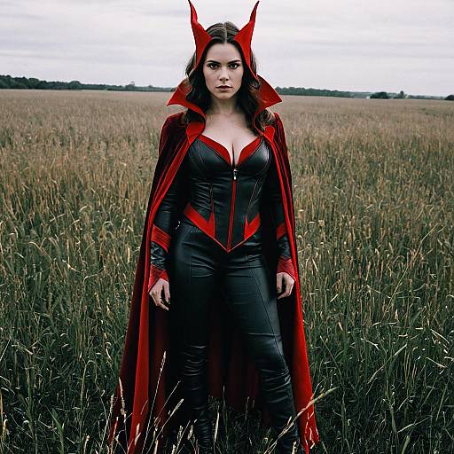 Photograph of a woman with red horned headpiece, red and black leather costume, standing in a tall grass field, overcast sky.