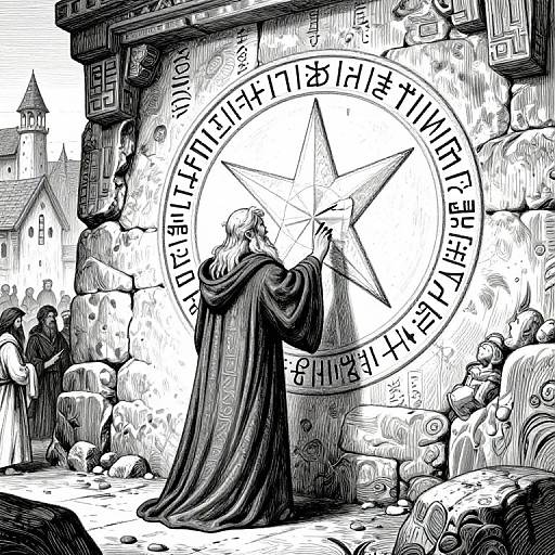 Black-and-white illustration of a robed figure touching a large, star-centered, Hebrew-lettered stone circle in a medieval town.