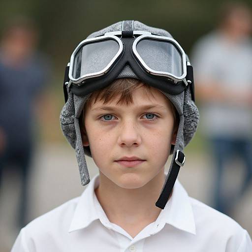 Close-up photograph of a young boy with blue eyes, wearing a black vintage-style aviator helmet with goggles, a white shirt, and a serious expression
