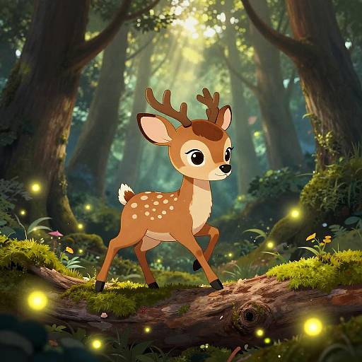 Cute Cartoon Baby Deer in Enchanted Forest