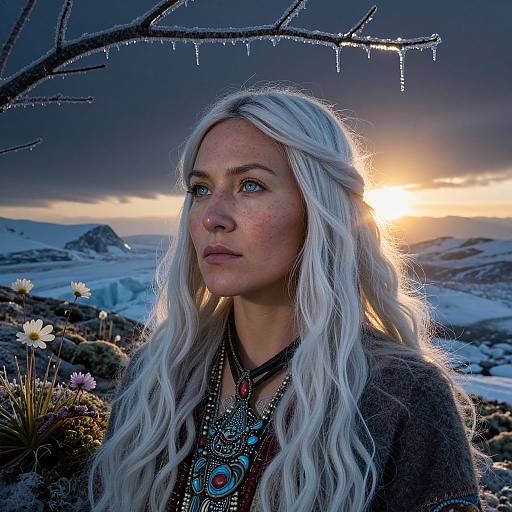 Photograph of a freckled, white-haired woman with blue eyes, wearing a black top and intricate necklaces, standing in a snowy, mountain