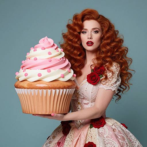 Digital illustration of a fair-skinned woman with voluminous red curls, wearing a lace pink dress with red roses, holding a giant cupcake topped with